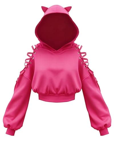 Image of Xumplo Girls Crop Top Hoodie Teens Cat Ear Sweatshirt Tween Girl Punk Gothic Pullover Pink Jumper Clothes 8-10 Years