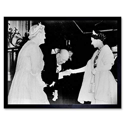 Image of Wee Blue Coo Vintage Photography Winston Churchill Queen Elizabeth Handshake Art Print Framed Poster Wall Decor 12X16 Inch