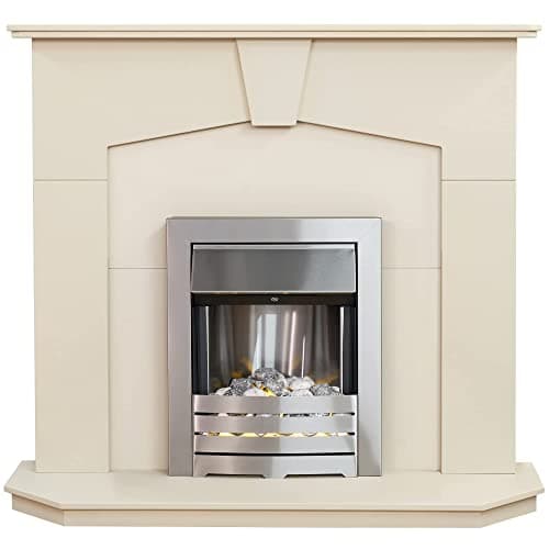 Image of Adam Abbey Fireplace in Stone Effect with Helios Electric Fire in Brushed Steel, 48 Inch