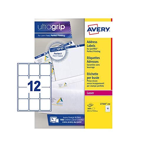 Image of Avery Printable, Customisable Address Mailing Labels, Laser Printers, 12 Labels Per A4 Sheet, 3000 Labels, UltraGrip (L7164), White, 250 Sheets