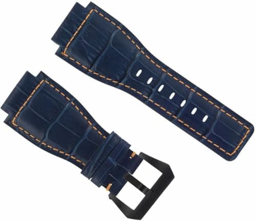 Image of 24mm Leather Watch Band Strap For Bell & Ross Br01-br03, Durable Replacement With Black Buckle, Stylish Upgrade For Luxury Timepieces Blue with orange stitching