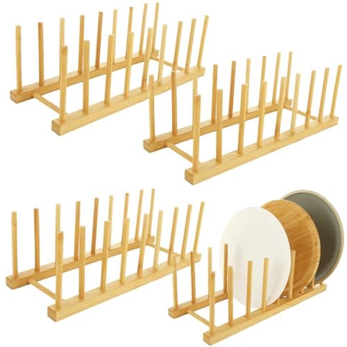 Image of MUXHEL 4PCS Wooden Dish Rack, 8 Slots Bamboo Wooden Plate Rack for Cupboard Plate Drainer Rack, Wooden Plate Organiser for Kitchen Cupboard, Bowl, Cup, Cutting Board