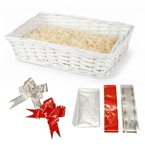 Image of ALAYSTAR Premium White Wicker Gift Hamper Basket Set Create Your Own Christmas Festive Present Includes Rectangle Smooth Basket Ribbon Wood Wool Cellophane Bag Perfect for Xmas Birthdays (WHITE)