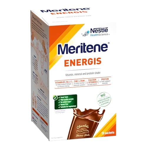 Image of Meritene Energis Chocolate Protein Shake | 30g Powder Sachets, Pack of 15 | Nutritional Support Mix with Proteins and Minerals | With Vitamin D, B & K