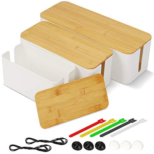Image of 3 Pack Cable Management Box, Wire Organizer Box to Cover and Hide Power Strips & Cords, Wood Lid, Cord Hider Organiser Desk TV Computer Under Desk USB Hub System Tidy (L+M+S) (White)