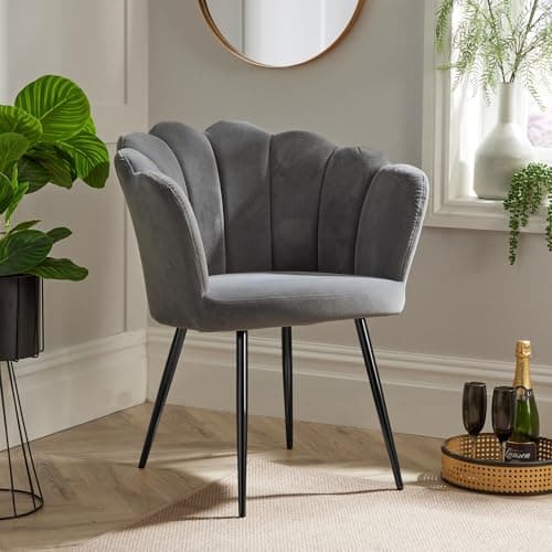Image of Home Source Velvet Scallop Shell Chair Wing Back Armchair Occasional Sofa, Grey, Black Metal Legs