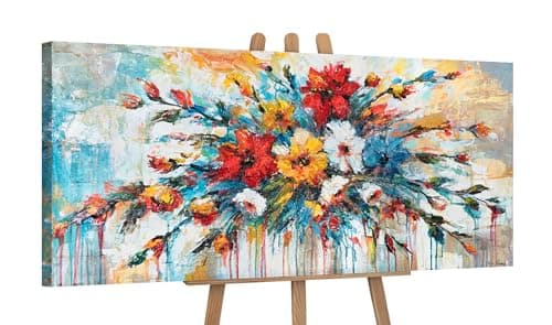 Image of YS-Art Original Acrylic Painting | Colourful Abstract Flower Bouquet | Vibrant Floral Canvas | Wall Art for Living Room 45x20 inch