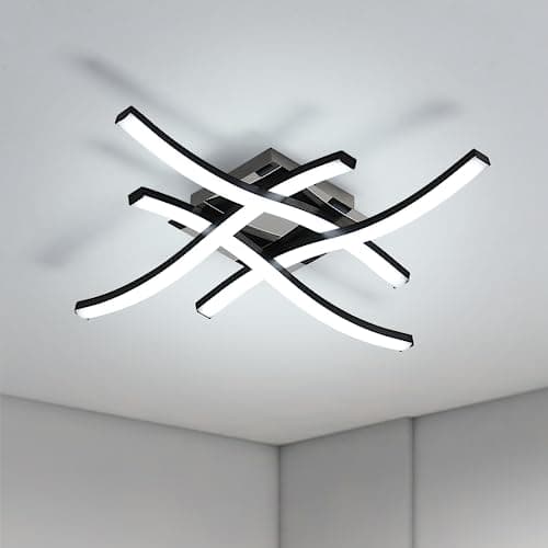Image of Goeco Black Ceiling Light, 24W Modern LED Ceiling Lamps with 4 Curved Lamp Tubes 6500K Cold White Light, Creative Ceiling Light for Bedroom, Living Room, Kitchen, Black Frame, Chrome Base 46x46 CM
