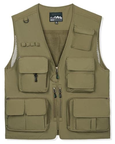 Image of Wirltte Mens Vests Cargo Outdoor Work Safari Hunting Fishing Travel Photo Mesh Waistcoat Vest Gilet Multi Pockets Khaki XL