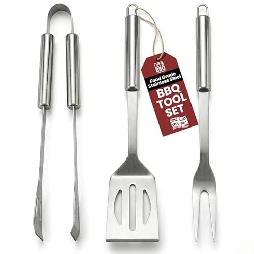 Image of Fusion Food BBQ Tool Set of 3 Premium Barbecue Utensils BBQ Food Turner Tong and Fork Stainless Steel BBQ Tool Set With Hanging Loops Perfect BBQ Gifts For Men Camping Utensils for Outdoors