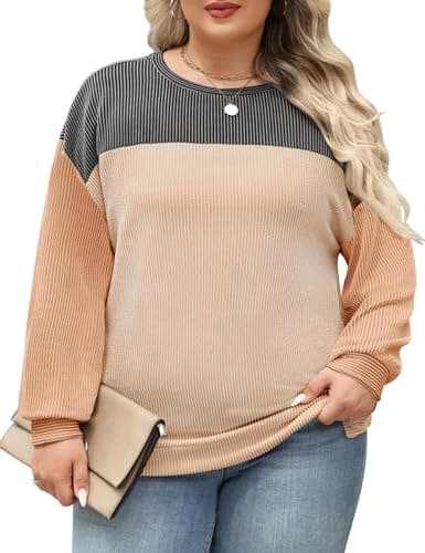 Image of CMTOP Plus Size Sweatshirts for Women Jumpers Ladies Long Sleeve Tops Crew Neck Casual Oversized Color Block Pullover Loose T Shirts Tops XL-5XL Black