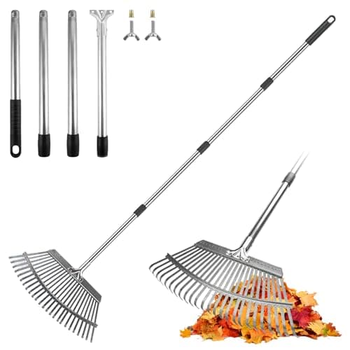 Image of ARTIPOLY Garden Leaf Rake, Rake for Leaves with 25 Metal Tines, 47cm Wide Heavy Duty Leaf Rake, 158cm Adjustable Long Handle Rakes Clean Up Tool for Lawns Yard Grass Flower Beds Shrub