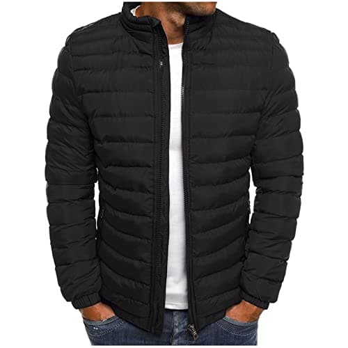 Image of Mens Puffer Jacket without Hood Lightweight Padded Jackets for Men Long Sleeve Zipped Quilted Jacket Solid Colour Fitted Coats Transitional Tops Outdoor Winter Walking Outfits