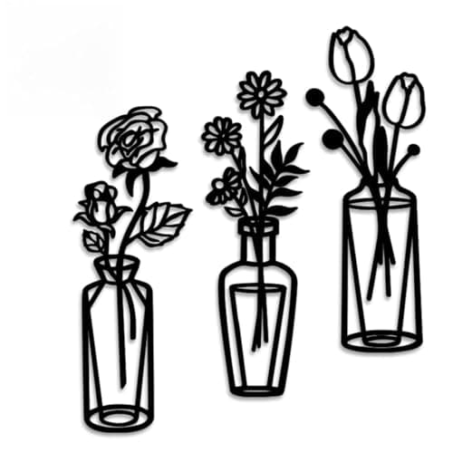 Image of QGH Black Acrylic Flower Wall Art – 3pcs Vase Wall Decor 20 * 7cm – Minimalist Stick-On Wall Decorations for Living Room, Bedroom, Kitchen, Bathroom & Hallway