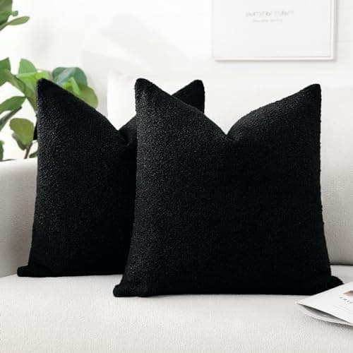 Image of Artscope Pack of 2 Textured Boucle Cushion Covers Square Pillow Cases Cozy Soft Decorative Couch Pillow Covers for Chair Sofa Bedroom Living Room Home Decor 55x55cm, Black