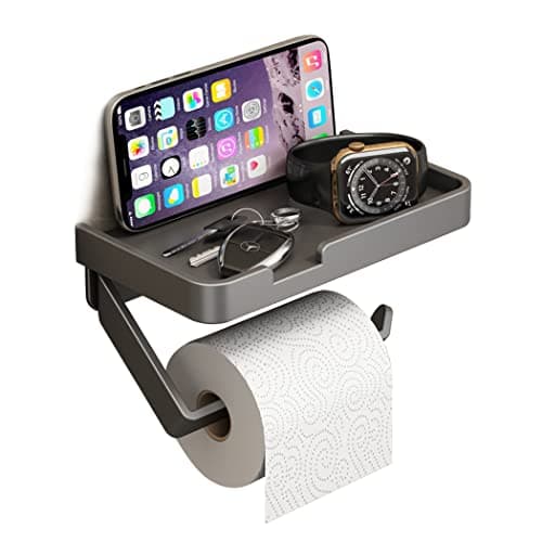 Image of Toilet Roll Holder with Shelf, 2 in 1 SUS304 Stainless Steel Two Installations Ways Toilet Paper Holder Wall Mounted Self Adhesive for Bathroom Washroom Toilet Kitchen (Grey)