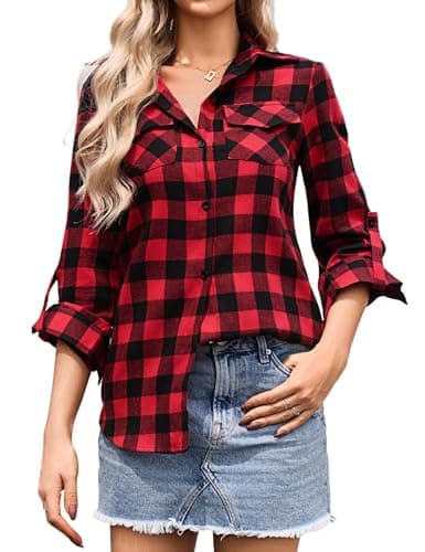 Image of Aottori Red Plaid Shirts for Women UK Ladies Long Sleeve Blouses Shirt Cotton Flannel Checked Shacket Elegant Tunic Tops with Pockets Red M