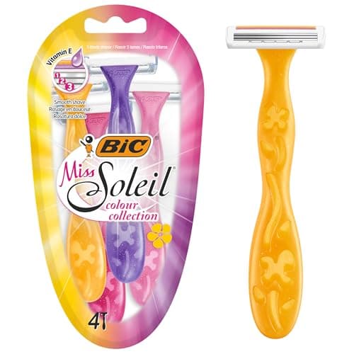 Image of BIC Miss Soleil Colour Collection Razors Women - Colour Collection Triple Blade Disposable Womens Razors with Engraved Flower Handles - Pack of 4