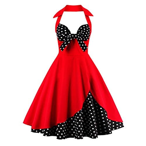 Image of Women's Vintage Dress Ladies Cotton Sexy Retro 1950s Halterneck Rockabilly Swing Floral Print Tea Hem Party Skater A Line Prom Cocktail Party Homecoming Dress Red Black UK 16 / XL