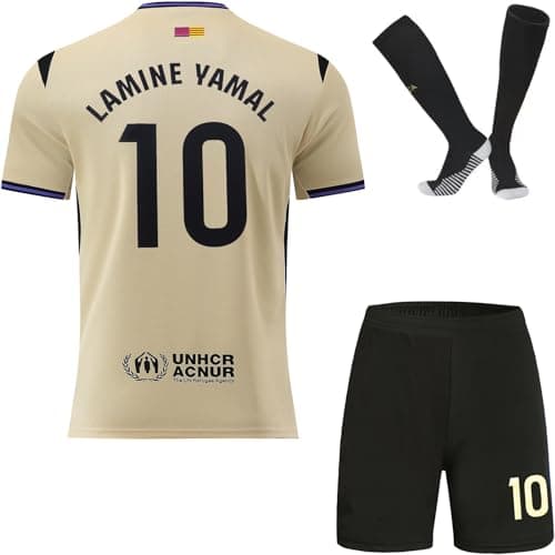 Image of Soft Gardin Barcelona Away 2025/2026 Yamal #10 Football Kids Jersey Shorts Socks Gift Set Youth Sizes (Cream, 30).