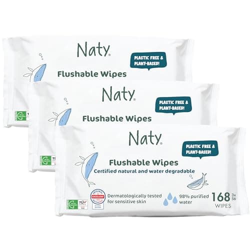 Image of Naty Flushable Baby Wipes | 98% Water & Natural for Sensitive Skin | Unscented, Plant-Based, Fragrance-Free | Plastic-Free & Compostable | Newborn & Toddler Gentle Wet Wipes | 168 Count (3 Packs)