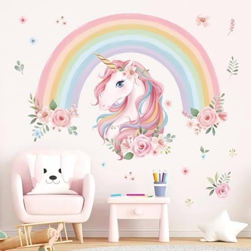 Image of wondever Large Rainbow Wall Decals Unicorn Flower Peel and Stick Wall Art Stickers for Girls Bedroom Kids Room Baby Nursery