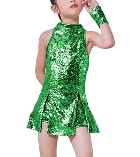Image of LOLANTA Girls Sequins Jazz Dance Costume Child Sparkle Mini Dress Hip Hop Dance Clothes Set Top+Pants+Socks, Green, 10-11 Years, 150