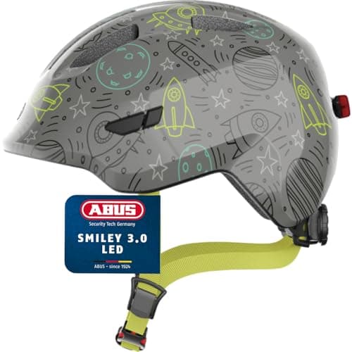 Image of ABUS children's helmet Smiley 3.0 LED - bike helmet with light - deep fit & space for a pigtail - for girls and boys - grey with space pattern, size S, S (45-50 cm)