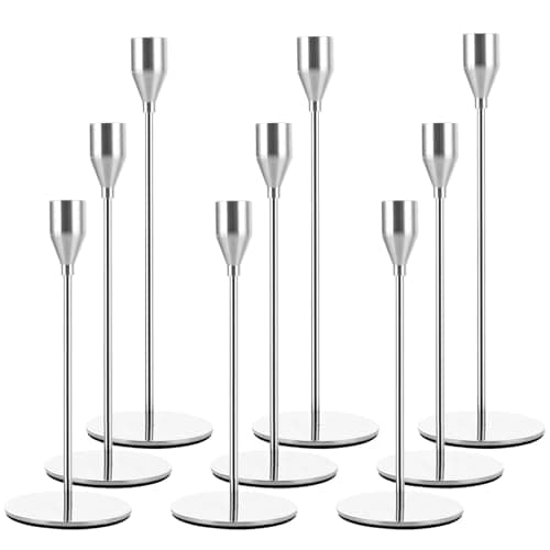 Image of AHAQU Set of 9 Silver Candle Holders, Metal Candlestick Holders for Taper Candle, Tall Candle Stand Fits 3/4 inch Thick Candle for Wedding, Candlelight Dinner, Fireplaces, Banquet Decoration