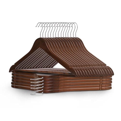Image of KEPLIN Strong Wooden Coat Hangers with 360 Degree Rotatory Hook & Round Trouser Bar & Shoulder Notches - Durable Wardrobe Space Saver - Suitable for Coat, Jacket, Suit, Jumper (Walnut, 20 Pack)