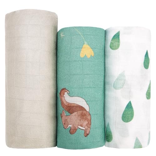 Image of hahaland 100% Bamboo Muslin Swaddle Blankets 3 Pack (1 Large 120x120cm + 2 Standard 100x100cm), Ultra Soft Breathable Baby Swaddle Cloths Newborn Essentials, Shower Gift for Boys & Girls (Green)