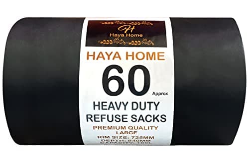 Image of Haya Home 60 Strong Black Plastic Heavy Duty Bin Bags Bin Liners, Refuse Sacks Heavy Duty Waste Refuse Garbage Bags roll 100L for Kitchen Home Office DIY Garden 100% Recycled Material