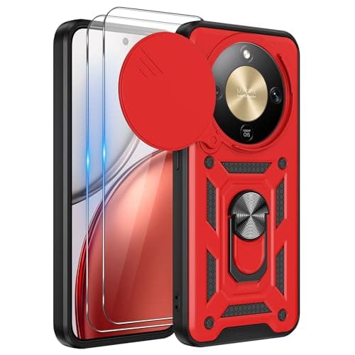 Image of iCatchy Case for Honor Magic 8 Lite With 2 Screen Protector Sliding Camera Cover Shockproof Heavy-duty Military Rugged Ring Holder Kickstand for Honor Magic 8 Lite Phone (Red)