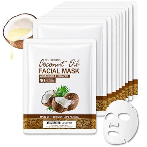 Image of Coconut Oil Face Masks,10 PCS Face Masks Skincare,Face Care Sheet Mask,Skin Care Gift Set with Sheet Face Mask Multipack,Mothers Day Hamper with Castor Oil and Hyaluronic Acid