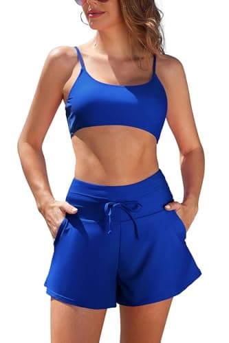 Image of SHEKINI Two Piece Swim Suits for Women Bikini Set with 2 Pockets High Waisted Drawstring Swim Shorts Push Up Bandeau Adjustable Tummy Control Vintage Beach Swimwear, Royal Blue, S
