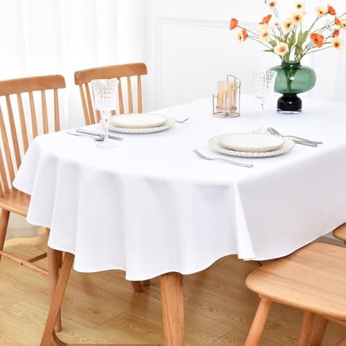 Image of NEWISHER White Oval Tablecloth - 153x215 cm (60x84 inch) - Heavy Duty Polyester Fabric Tablecloths, Washable Solid Table Cover for Dining, Kitchen, Home Party, Outdoor Indoor Use