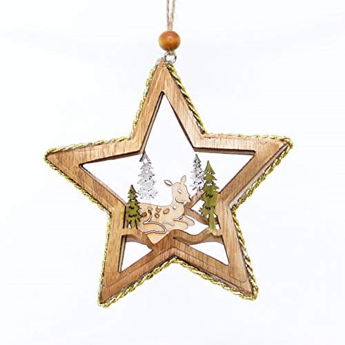 Image of 11cm Christmas Tree Ornaments Lying Deer Wooden Aesthetic Star Shape Hanging Decorations Xmas DIY Holiday Home Décor