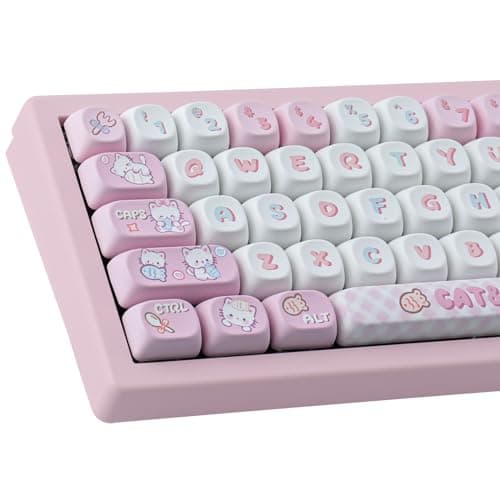 Image of Sunzit Cute Custom Keycaps 141 Keys PBT Keycap Set,MOA Profile keycaps Dye-Sub Pink Cat Eat Fish Keycaps for Cherry MX Switches ISO/ANSI UK Layout Mechanical Gaming Keyboard