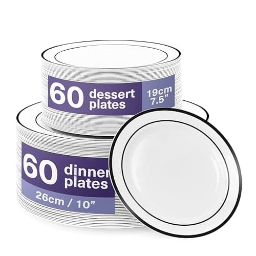 Image of MATANA 120 Premium White Plastic Plates with Black Rim - 60 26cm Dinner, 60 19cm Side Plates - Elegant, Unbreakable & Reusable for Weddings, Birthdays, Picnic, Parties