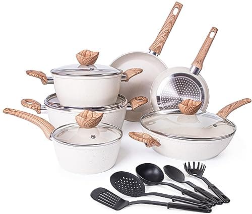 Image of Non Stick Pots and Pans Set – Induction Hob Pots Set – 15pcs Kitchen Cookware with Lids – Cooking Cream Granite Saucepan Pots - by Nuovva