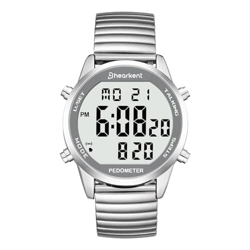 Image of Hearkent Digital Talking Watch with Pedometer,Speaking Time/Date/Steps/Calories in English,5 Alarms,EL Backlight,LCD Large Number,No Bluetooth Step Counter Watch for Elderly/Blind(Elastic Silver)