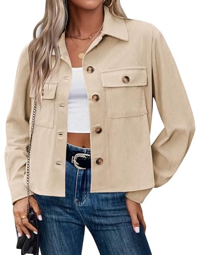 Image of HOTOUCH Corduroy Jacket Women Cropped Shacket Casaul Button Down Long Sleeves Spring Jacket Coats Loose Short Jackets for Women Beige Size 14