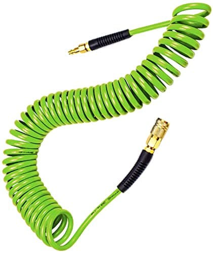 Image of YOTOO Polyurethane Recoil Air Hose, Air Compressor Hose 1/4" Inner Diameter by 25' Long with Bend Restrictor, 1/4" Industrial Quick Coupler and Plug, Green