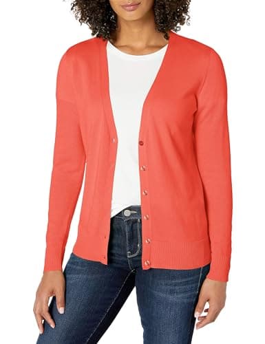 Image of Amazon Essentials Women's Lightweight V-Neck Cardigan (Available in Plus Size), Coral Pink, M