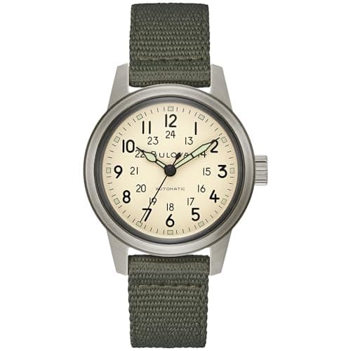 Image of Bulova Men's Military Hack Automatic Black PVD-Coated Stainless Steel Case and Green Nylon Strap Watch, Ivory Dial Style:98A307