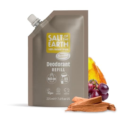 Image of Salt of the Earth - Natural Deodorant Roll On Refill Pouch, x3 Uses - Amber & Sandalwood - Vegan, Long Lasting Protection, Made in the UK - 225ml