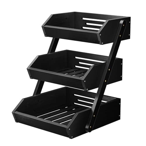 Image of CALM COZY Bamboo Fruit Basket, 3-Tier Fruit Rack Holder Organiser for Countertop, Decorative Fruit Bowl Vegetables Bread Storage Stand for Kitchen, Black