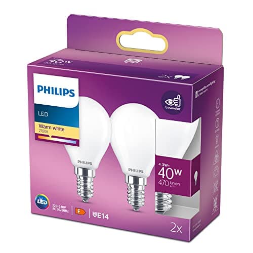 Image of Philips LED Premium Classic P45 Lustre Light Bulb 2 Pack [E14 Small Edison Screw] 4.3w - 40W Equivalent, Warm White (2700K), Non Dimmable, A++