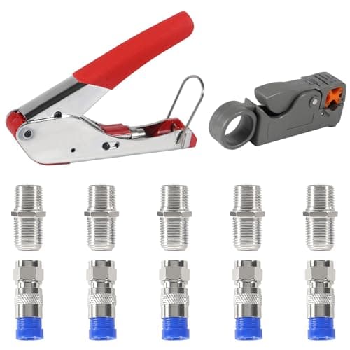 Image of ALMOCN Coax Cable Crimper Tool Kit Coaxial Compression Tool Fitting Wire Stripper with 5PCS RG6 F Type Connector + 5PCS RG6 Coax Cable Extender