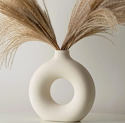 Image of White Donut Vase Ceramic, Circle Flower Vase for Pampas Grass Dried Flowers, Decorative Living Room Bedroom Ornament, Modern Boho Home Decor Accessories, 19x18x6cm Matte